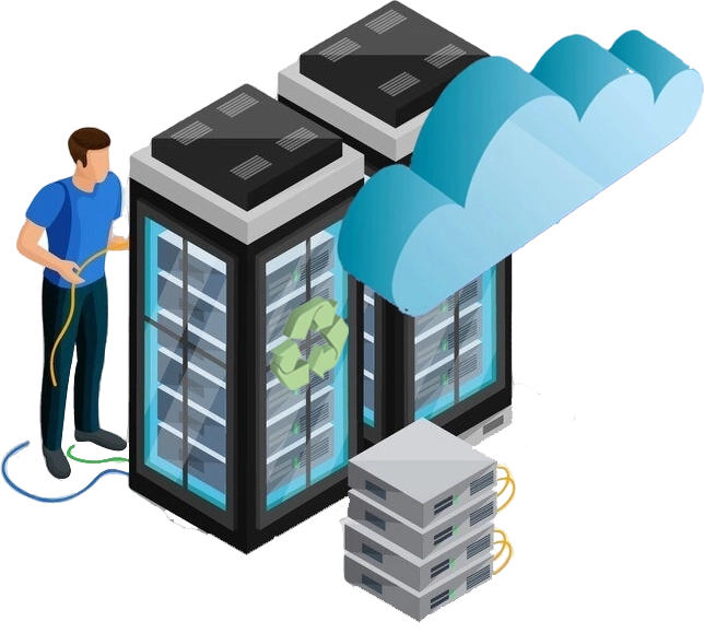 Représentation d'un datacenter reconditionné et un technicien qui mets en place les solutions d'infrastructure sécurisé