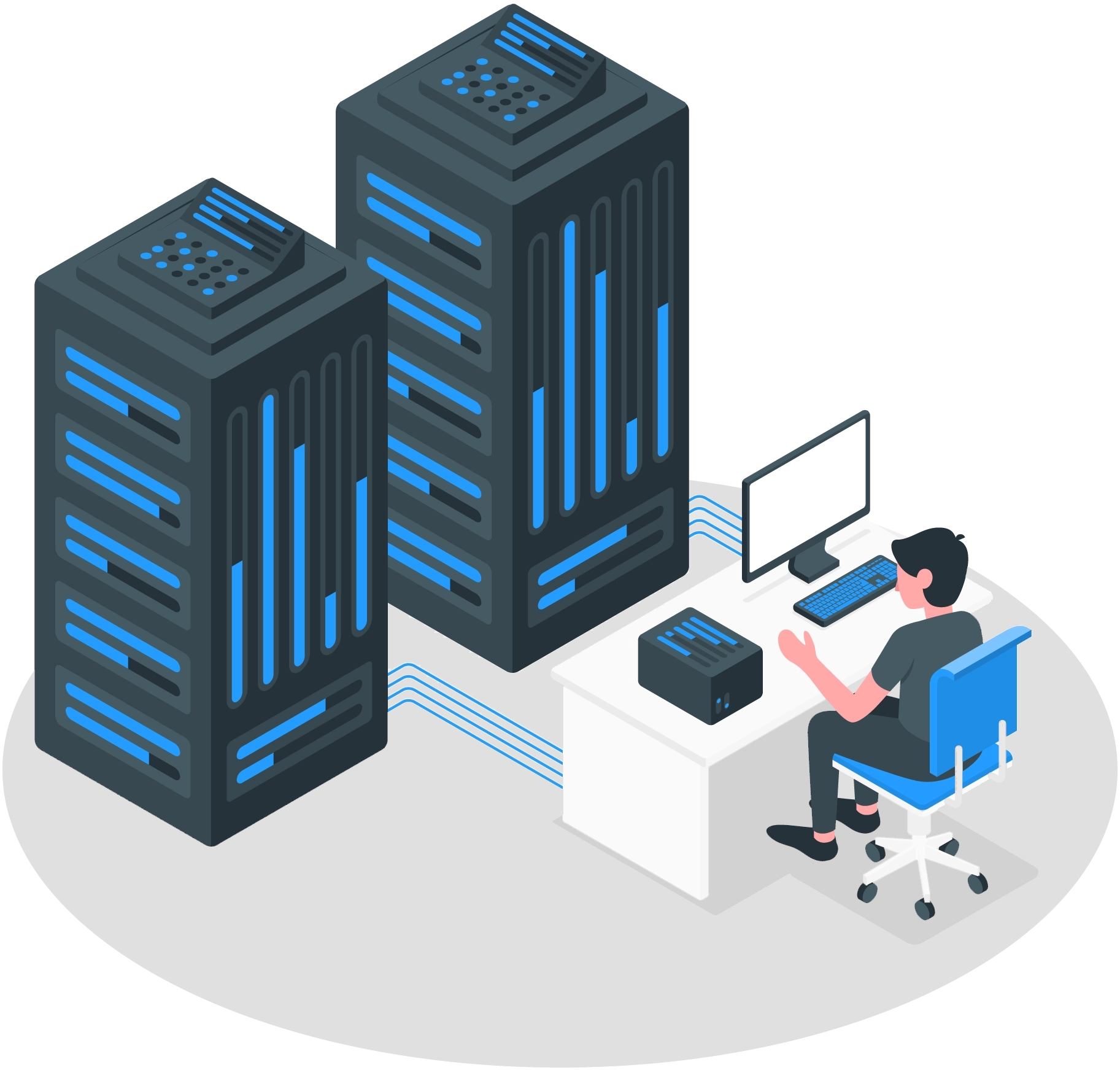 pictogramme représentant un administrateur qui réalise la prestation sur un datacenter